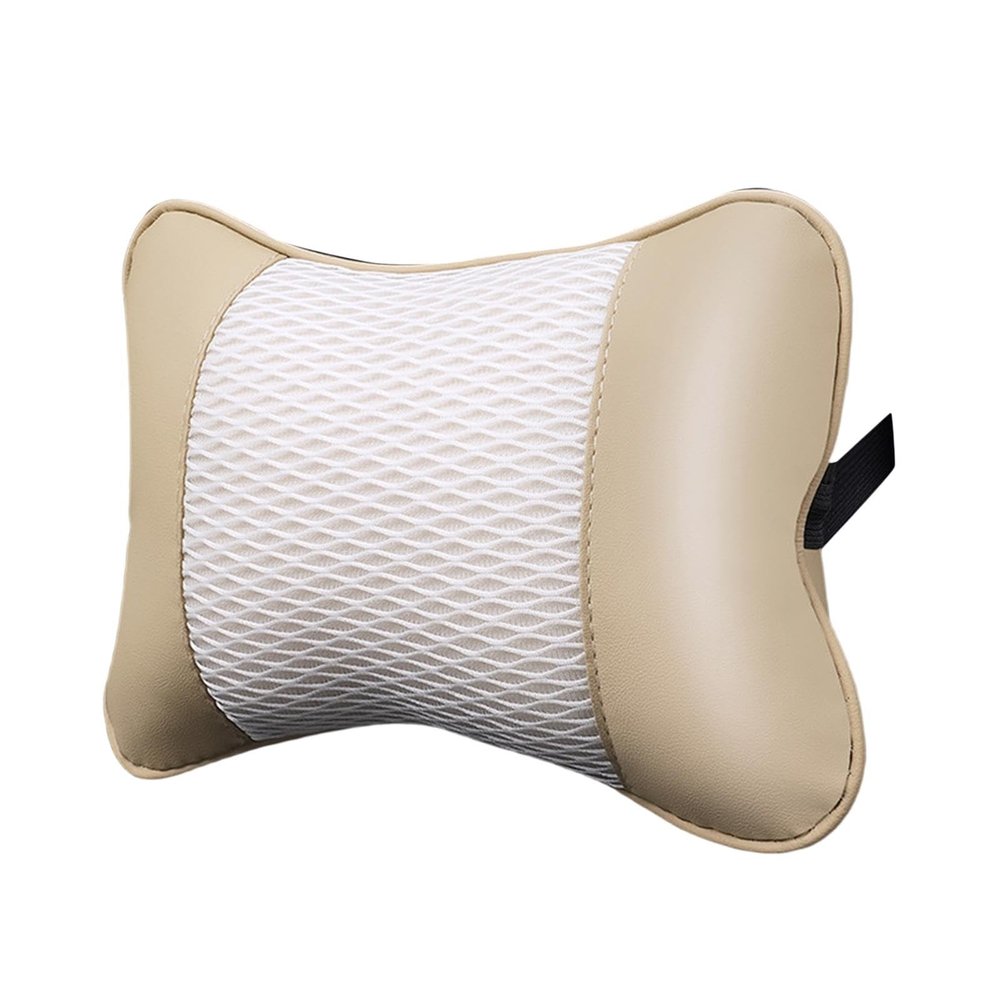 HouseVibe Car Neck Pillow Headrest Cushion Universal Head and Neck Support for Driving Vehicles PU Leather Mesh 9.80x6.93x3.78inch- Beige