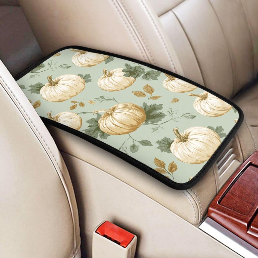 Raunew Fall Cute Pumpkins Green Leaves Retro Car Center Console Armrest Cover Pad, Universal Auto Armrest Seat Box Cover Protector Non Slip Car Interior Decor Accessories for Most Car, Truck, SUV