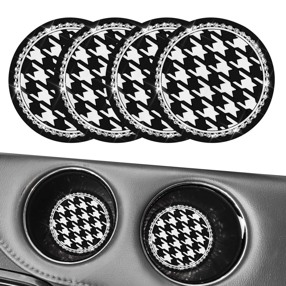 4PCS Cow Print Car Cup Coaster, Car Cup Holder Coaster, 2.75 Inch Crystal Rhinestone Non-Slip Vehicle Water Bottle Mat, Bling Cute Automotive Flower Drink Mat for Women Girls
