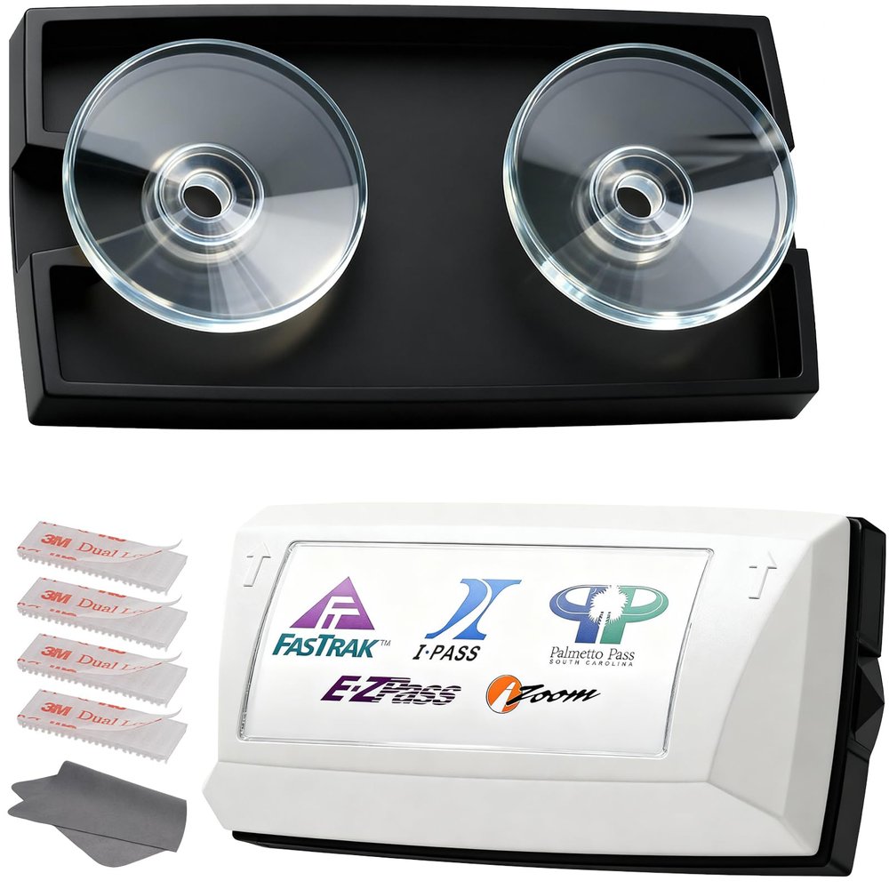 Caravista Ez Pass Holder for Windshields - UV Resistant Ez Pass Transponder for All States - Easy to Install and Remove with Powerful Suction Cups & 4 Mounting Strips (Black)