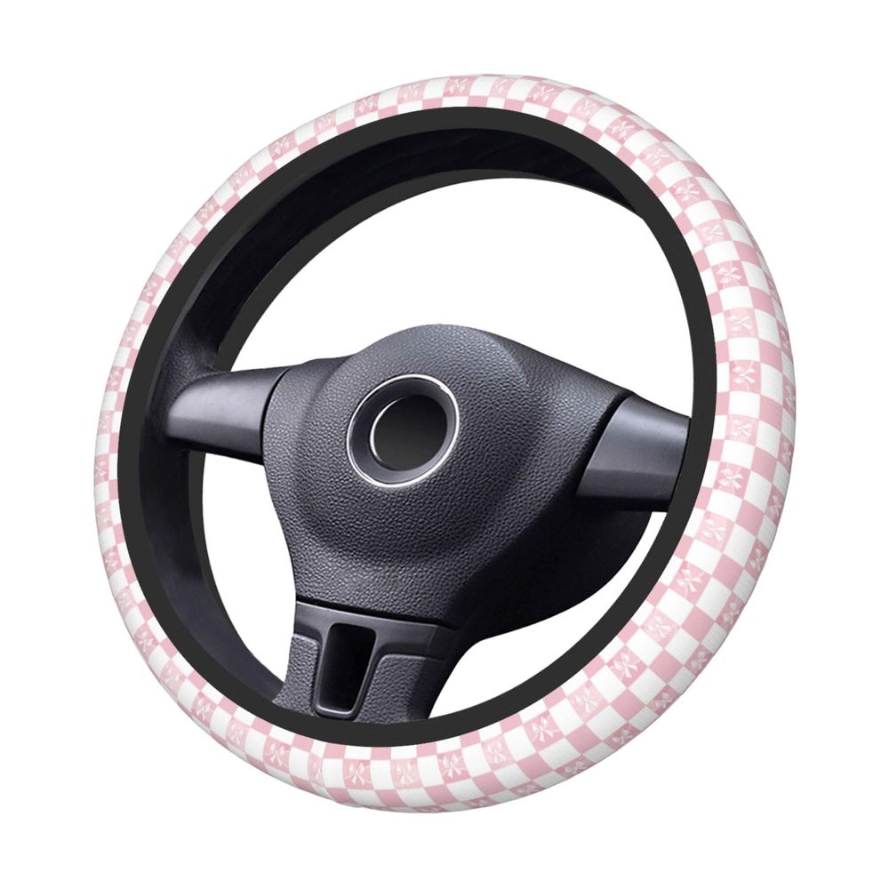 Steering Wheel Cover Pink Check Bow Pattern Elastic Neoprene, Anti-Slip Universal Fit 14.5-15 Inch, Car Accessories Interior Decoration Wheel Protector for Cars, SUVs, Trucks