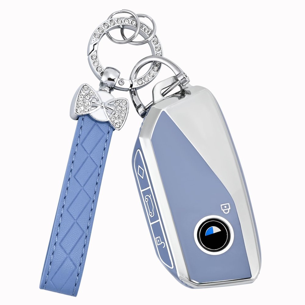 TECARATE for BMW Key Fob Cover - Soft TPU Key Protector for 2023 2024 2025 7 Series IX I5 M60 X5 X7 X6 IX I7 Car Key Case with Nice Keychain(Blue)