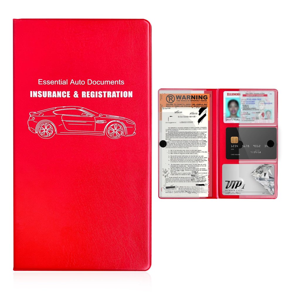 JNXIJ Car Registration Insurance Holder, 5.2"x9.6" Auto Insurance Card Organizer with Hook & Loop Closure, Waterproof Driver License Holder Paperwork Wallet Case for Vehicle (Large Car, Red)