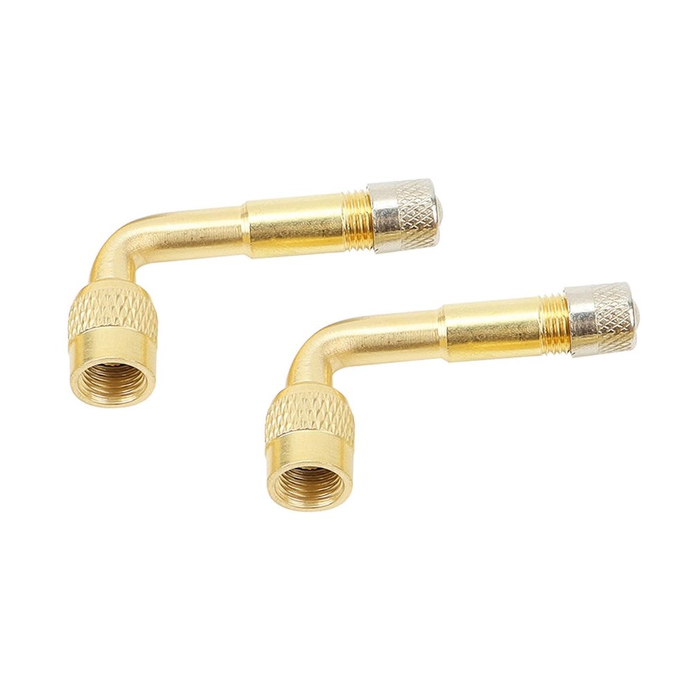 YIENAKFUN 2 PCS 90 Degree Metal Valve Stem Extenders, Universal Valve Stem Extensions Compatible for Dual Wheels Passenger Cars, Stroller, RV, Motorcycles, Bicycles, Trailers (Gold)