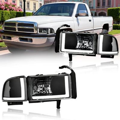DimFlux LED DRL Headlight Assembly for 1994-2001 Dodge Ram 1500/1994-2002 Ram 2500 3500(DON'T Fit SPORT Models or Ram VAN Models) Pair of Left & Right Side Black Housing Clear Reflector