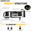DimFlux LED DRL Headlight Assembly for 1994-2001 Dodge Ram 1500/1994-2002 Ram 2500 3500(DON'T Fit SPORT Models or Ram VAN Models) Pair of Left & Right Side Black Housing Clear Reflector view 3
