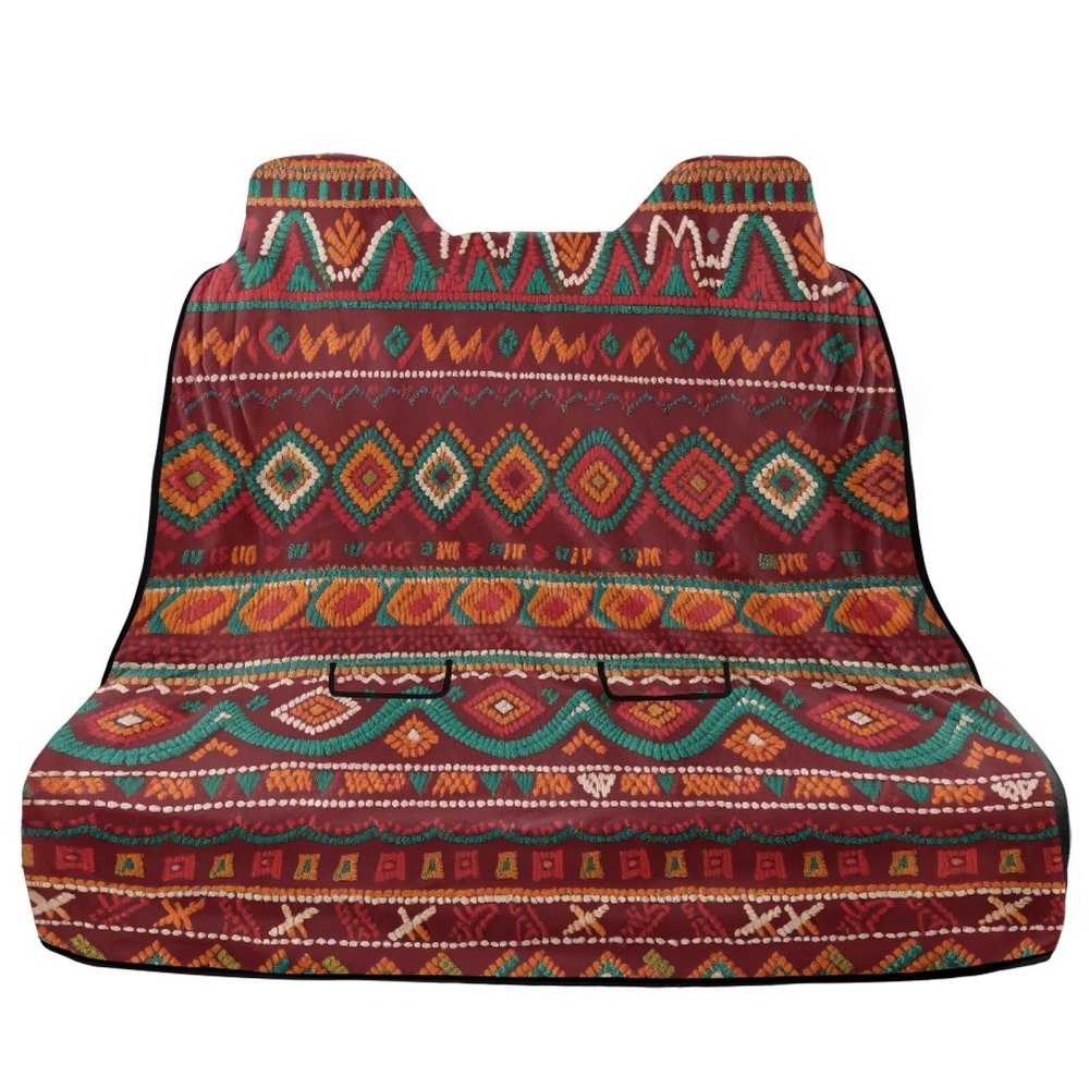 Semiouray Geometric Rear Bench Car Seat Cover Red Ethnic Tribe Geometric Waterproof Automotive Backseat Protector in Cloth Retro Aztec Navajo Non Slip Back Seat Protector Fit Trucks
