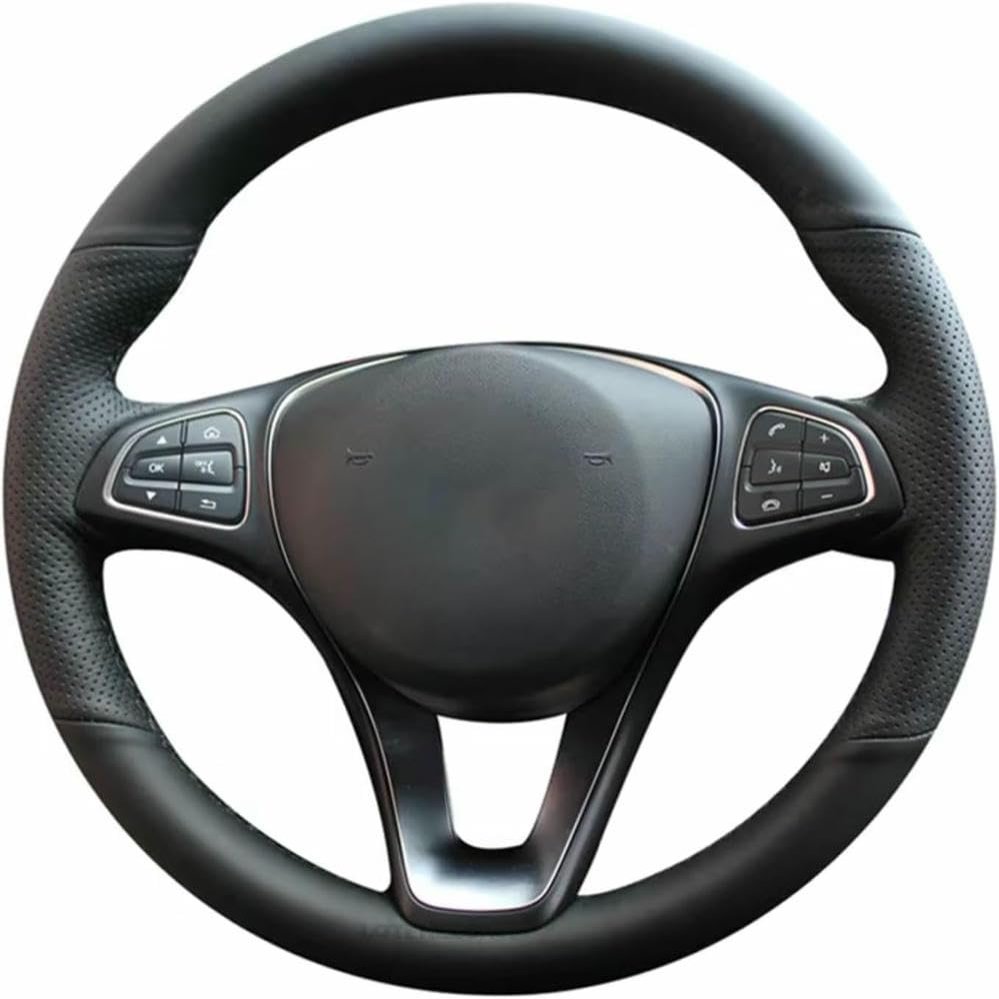 SGTGKJJM Car Steering Wheel Wrap Non-Slip Car Steering Wheel Cover Hand-Stitched Black Leather for Mercedes for Benz C-Class W205 2014-2018
