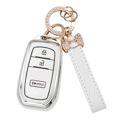 TECARATE for Toyota Key Fob Cover - 3 Buttons Soft TPU Key Shells for 2022 2023 2024 2025 4runner Prius Corolla Cross Hatchback Tundra Sequoia LE XLE with Nice Keychain(White)