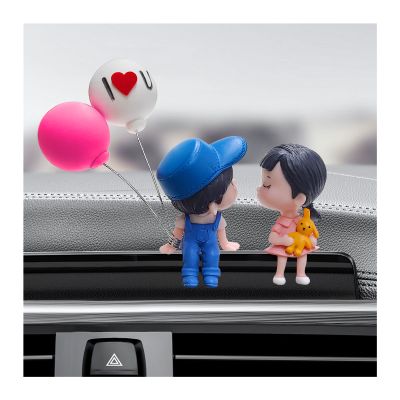 JNXIJ Cute Couple Car Dashboard Decorations, Adorable Car Ornament Lovely Cartoon Couples Action Figure with Balloons, Romantic Resin Ornament Vehicle Interior Decor for Most Vehicles (Blue+Pink)