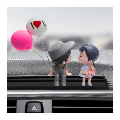 JNXIJ Cute Couple Car Dashboard Decorations, Adorable Car Ornament Lovely Cartoon Couples Action Figure with Balloons, Romantic Resin Ornament Vehicle Interior Decor for Most Vehicles (Gray+Pink)