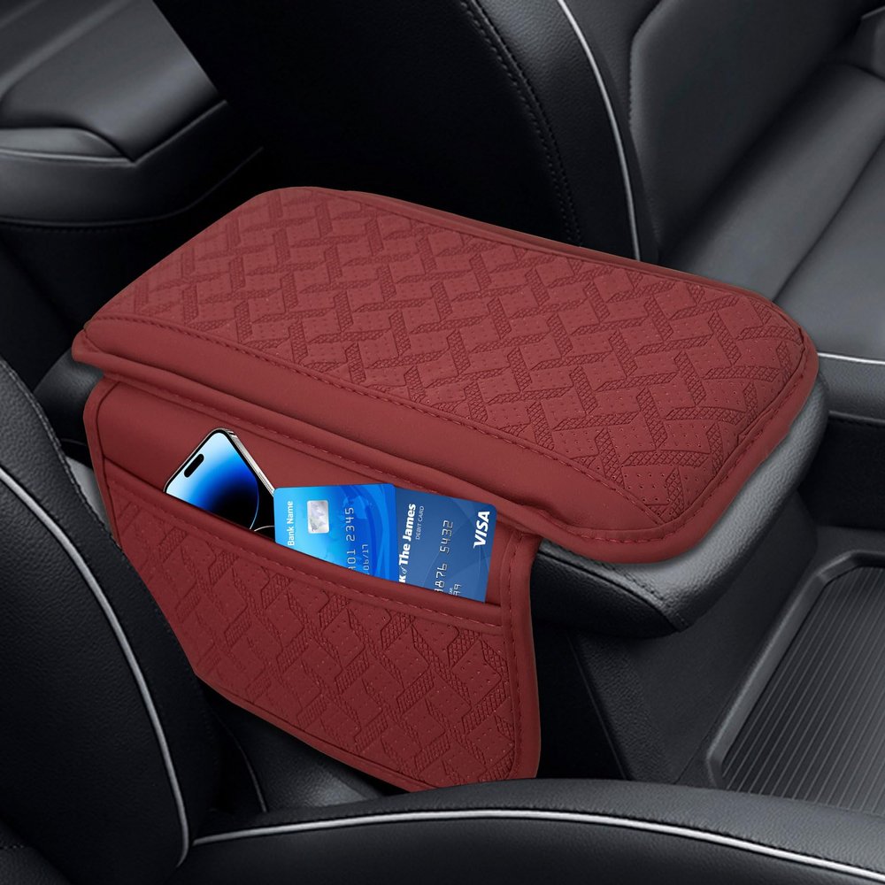 HABNVUON Car Center Console Cover, Armrest Cover for Car, Leather Center Console Pad with 2 Storage Bags, Automotive Accessories Waterproof Armrest Seat Box Protector for Most Vehicles (Red)
