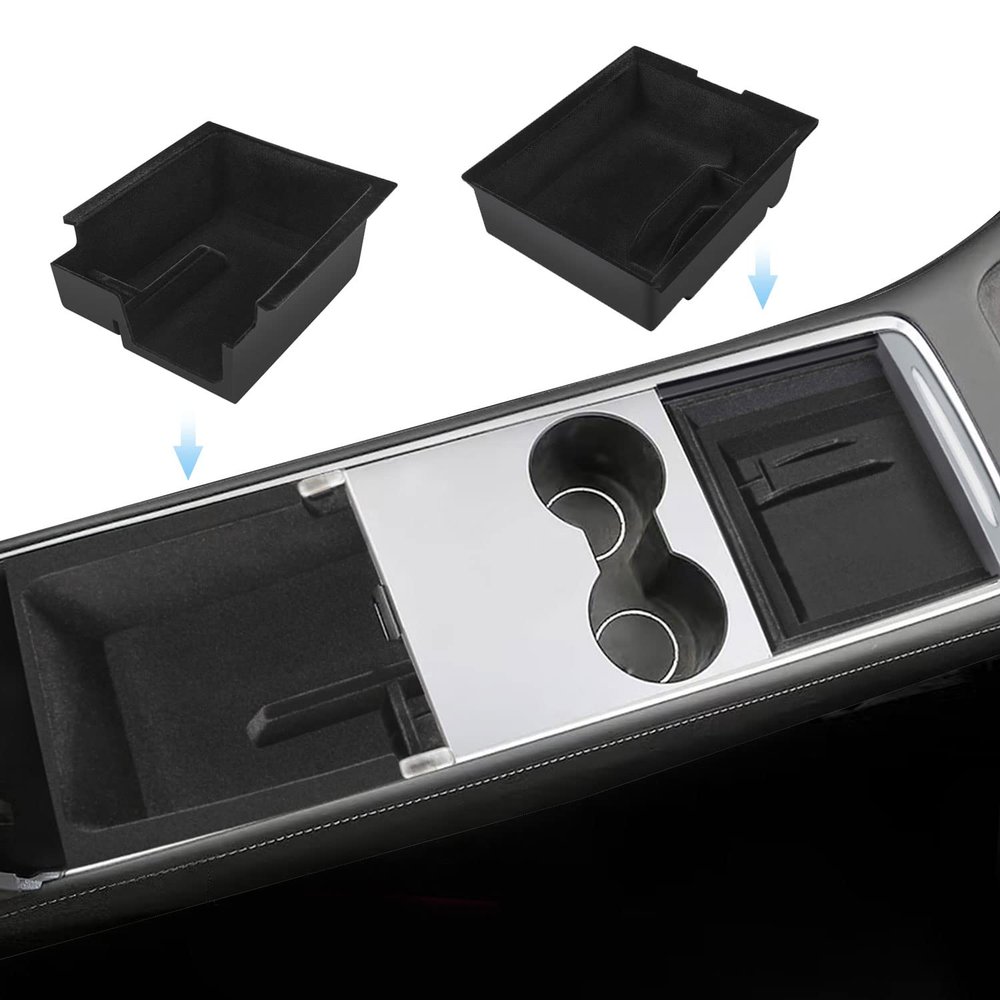FFIHTY 2PCS Center Console Organizer Tray Suitable for Tesla Model 3/ Model Y 2021 2022 2023 Flocked Armrest Hidden Cubby Drawer Storage Box Interior Accessories