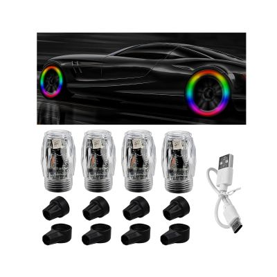 JNXIJ 4 PCS Car Tire Valve Light, Waterproof Vehicle LED Wheel Flash Light Exterior Decor with Type-C Cable, Rechargeable Tire Valve Cap Lamp for Sedan Truck Motorcycle Bike