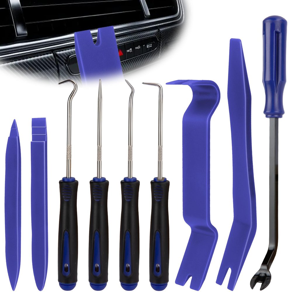 BFXM 9PCS Auto Trim Removal Tool kit, Clip Pry Tools Kit No Scratch, Car Door Panel Fasteners Remover, Automotive Mini Precision Hooks for Auto Oil Seal O-Ring Seal Gasket (Blue)