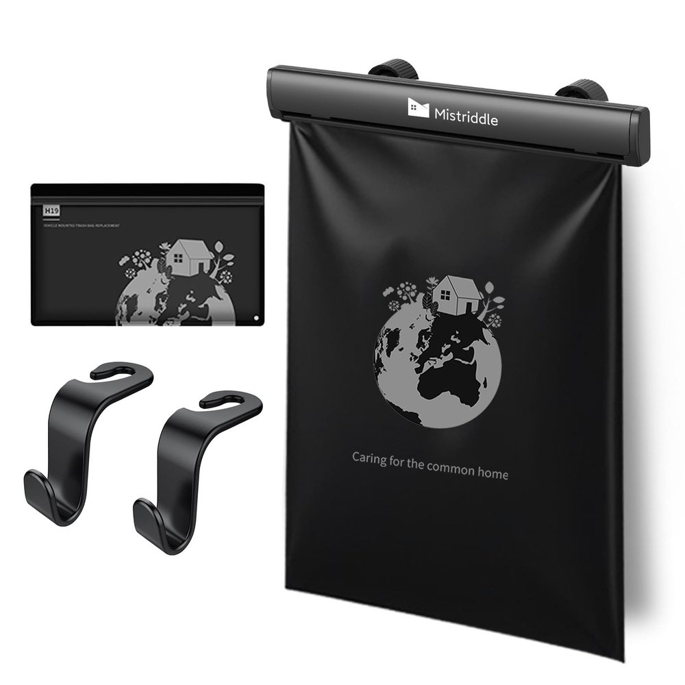 Mistriddle Headrest Hanging Car Trash Bag Holder - Aluminum Alloy with 25 Disposable Trash Bags, 2 Headrest Hooks, Compact Car Garbage Bin for Back Seat, Office, Travel & Camping (Black)
