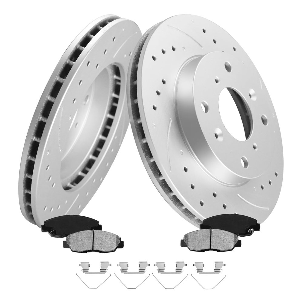 MOTOREVO Front Geomet Coated Brake Rotors Kit Civic [ 1990-2000 ] [ONLY for 239.8mm 9.4in, NOT 10.3in] [1990-2000 LX/DX, 1990-1995 Si] High-Carbon Alloy Drilled & Slotted Vented Discs & Ceramic Pads