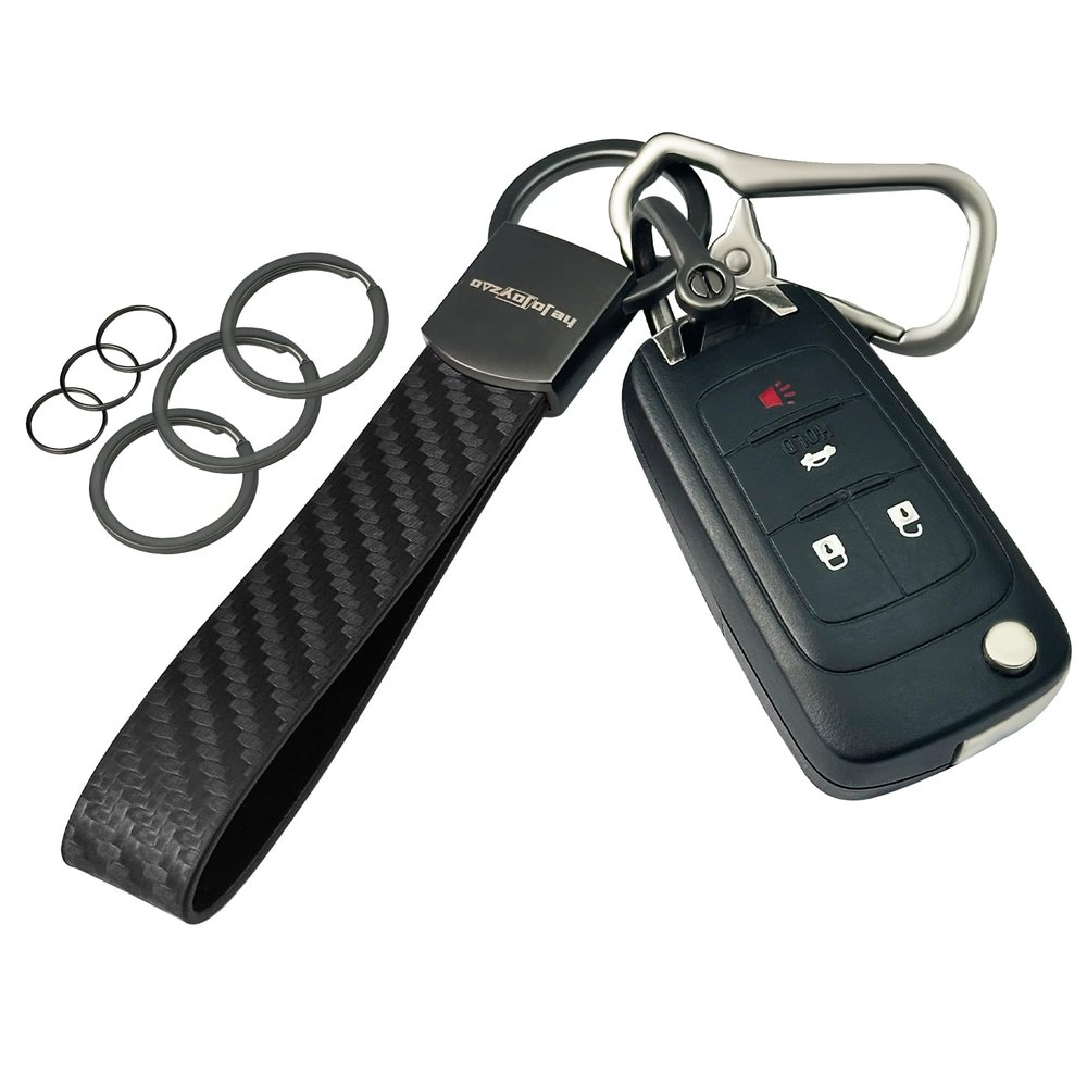 hejojoyzao Carbon Fiber Leather Car Key Chain with Carabiner Clip, 6 Key Rings D Ring, Unisex Key Fob Strap for Key Holder (Black)