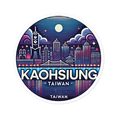 Radiant Sticker Kaohsiung Taiwan Night Skyline Sticker - Round Waterproof Vinyl Decal - Car, Tablet, Water Bottle, Suitcase