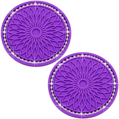 MEAJOO 2PCS Bling Car Cup Holder Coasters, 2.75 Inch Silicone Anti-Slip Insert, Bling Shockproof Cup Mat for Women Girls, Universal Fit for Most Vehicles (Purple & White)