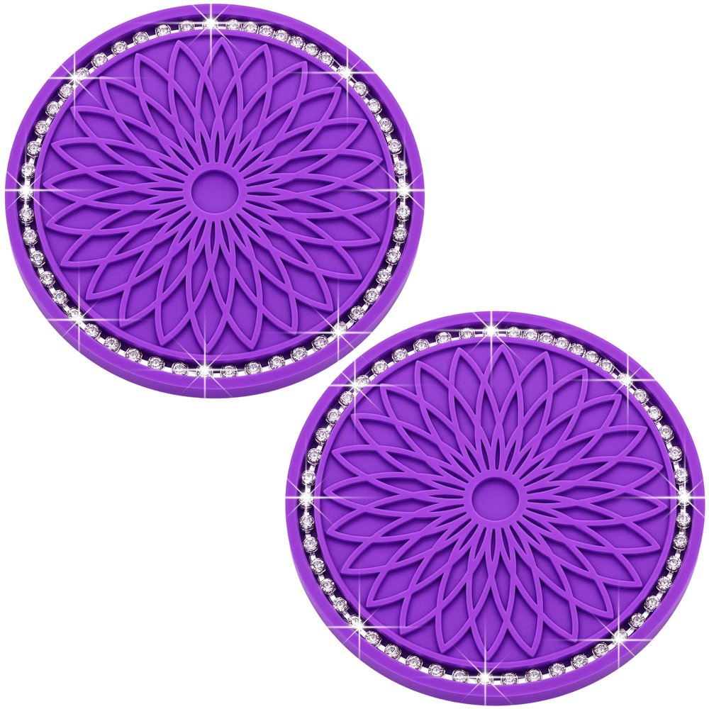 MEAJOO 2PCS Bling Car Cup Holder Coasters, 2.75 Inch Silicone Anti-Slip Insert, Bling Shockproof Cup Mat for Women Girls, Universal Fit for Most Vehicles (Purple & White)