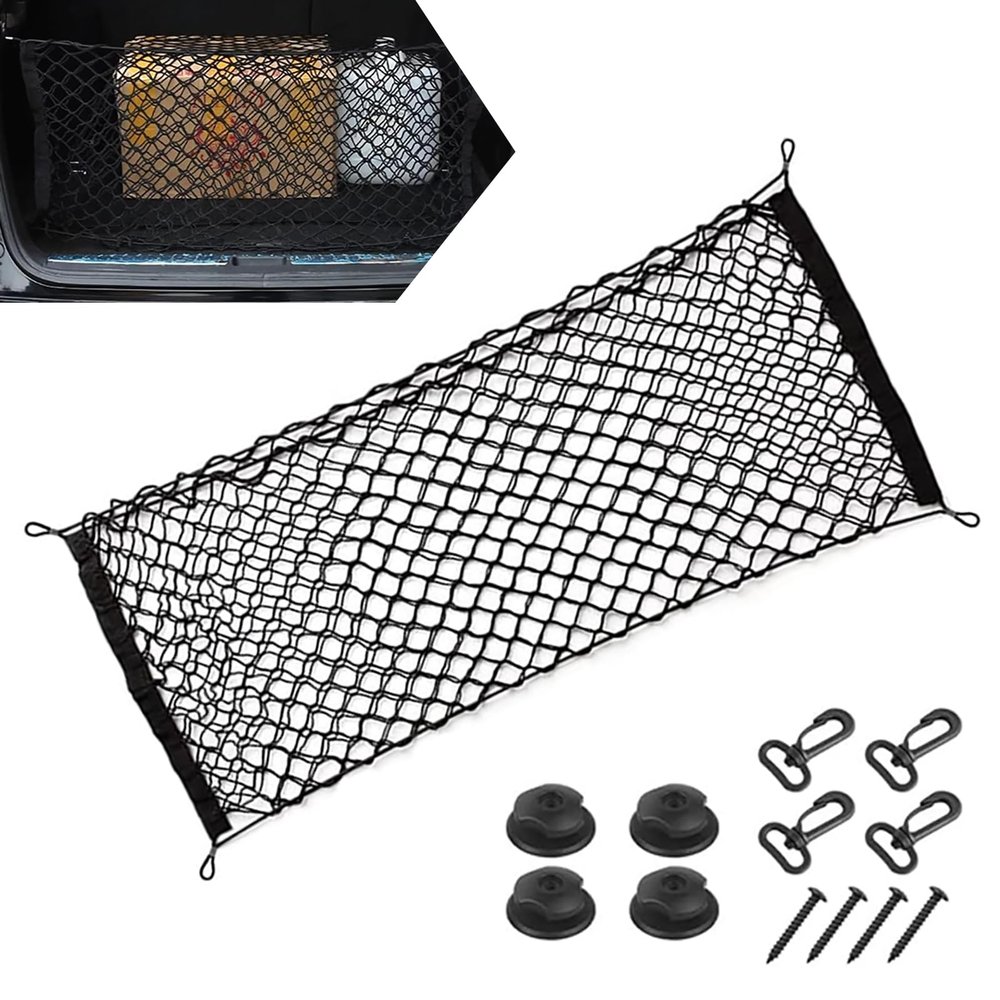 Zosgrew Car Rear Cargo Net, Double-layer Stretchable Cargo Storage Net, Automotive Trunk Mesh Organizer with Hook,Universal for Most Cars SUVs Trucks (Black)