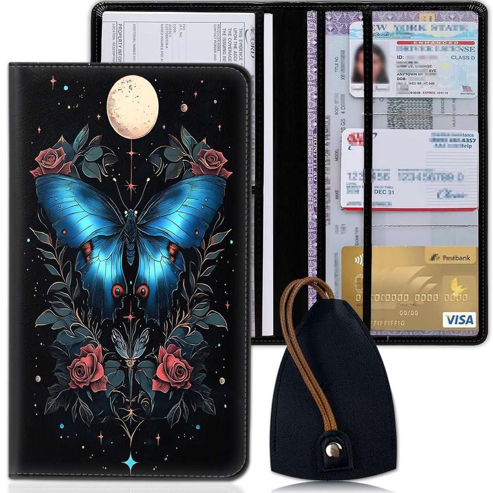 PU Leather Car Registration and Insurance Holder, Vehicle License Document Glove Box Compartment Organizer with Magnetic Shut, Auto Truck Document Holder, Driver License, Butterfly Moon Pattern