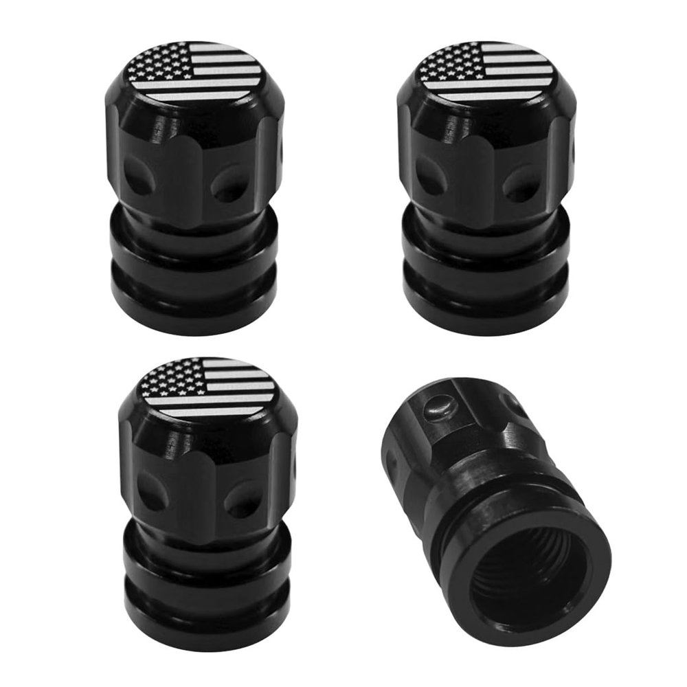 YoRise 4PCS American Flag Car Tire Valve Stem Caps, Aluminum Alloy Wheel Valve Stem Caps with Rubber O-Ring, Leakproof Car Tire Cap for Truck, Motorcycle, Bike (Black)