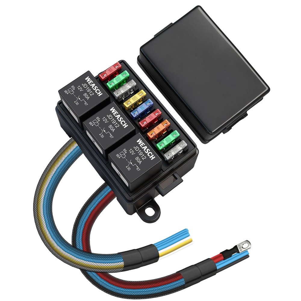 Weasch 12V 9 Way Pre-Wired Fuse Relay Box Kit with 3 x 80A 4-Pin Relays