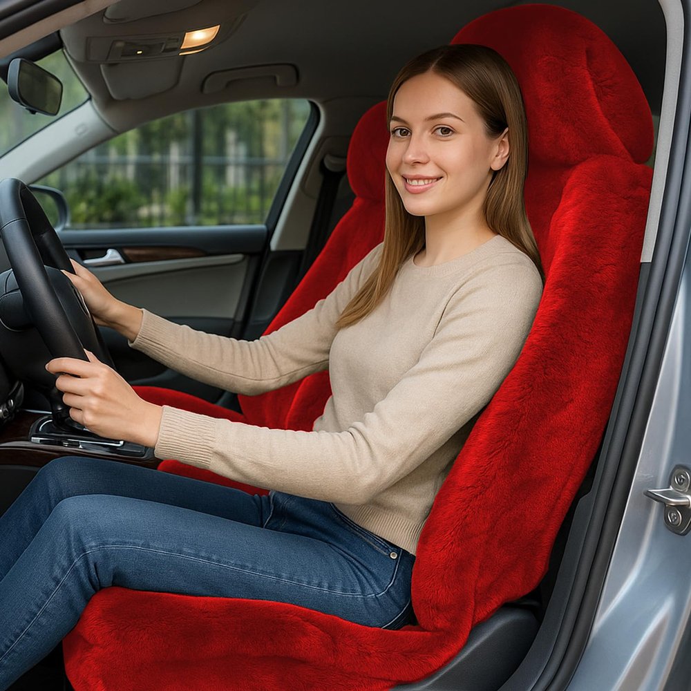 I3DIDEA 1 PCS Fluffy Car Seat Cover, Plush Fuzzy Fur Seat Protector for Winter, Universal Soft Faux Sheepskin Car Seat Cushion for Women Girls Interior Accessories (RED)