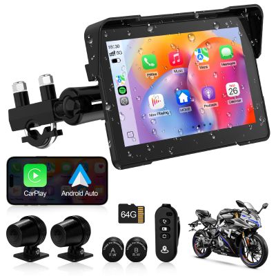 Artman Motorcycle Dash cam Front and Rear, 7'' IPS Touch Screen, Portable Motorcycle Carplay for Apple Carplay and Android Auto GPS Navigation System, TPMS Compatible, IP67 Waterproof & 64G SD Card