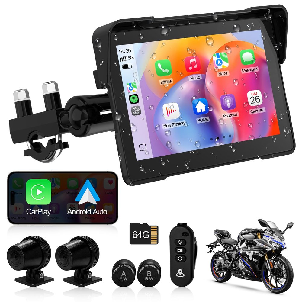 Artman Motorcycle Dash cam Front and Rear, 7'' IPS Touch Screen, Portable Motorcycle Carplay for Apple Carplay and Android Auto GPS Navigation System, TPMS Compatible, IP67 Waterproof & 64G SD Card