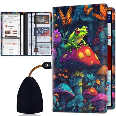 Car Registration and Insurance Holder, Car Documents Holder with Magnetic Shut, Vehicle Glove Box Organizer for Driver License Women/Men, Frog Colorful Mushroom In Forest Auto Accessories Cards Case