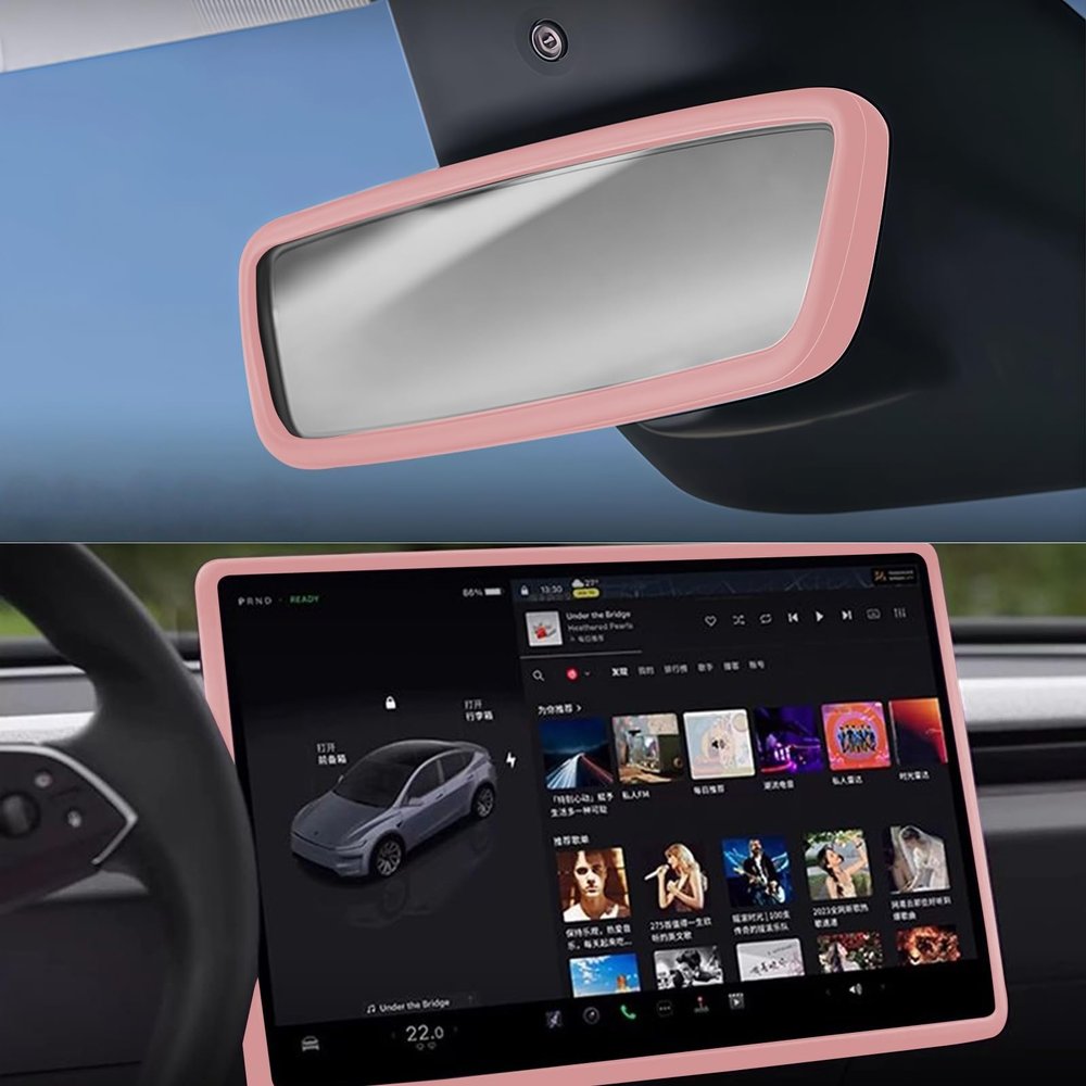 2 in 1 Interior Sets Protector Trim Frame Compatible with Tesla Model Y 3 Highland Juniper 2020-2025 2026 Accessories Screen Edge Trim Rearview Mirror Cover Decorations Center Console Decor (Pink)