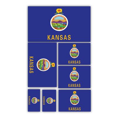 Kansas State Flag Sticker Premium Vinyl Decal with UV Ink Good for Travel, Classroom Learning, Educational Decor, Souvenirs, and Gifts 12x8 Inch Sheet of 7 Flags in Different Sizes