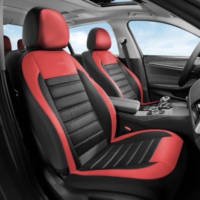 Coverado Car Seat Covers Front Seats, Luxury Leather Car Seat Covers, Automotive Mesh Seat Covers 2 Pack, Airbag-Compatible, Black Red Seat Covers for SUV Sedan Truck