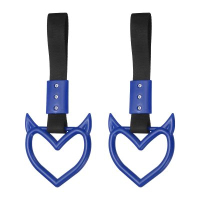 PATIKIL 2 Pcs Evil Heart Shaped Car Handle Straps, Car Hanging Accessories Bumper Warning Ring Drift Charm for Auto Bus Decor Interior Exterior Decoration, Blue (Black Strap)