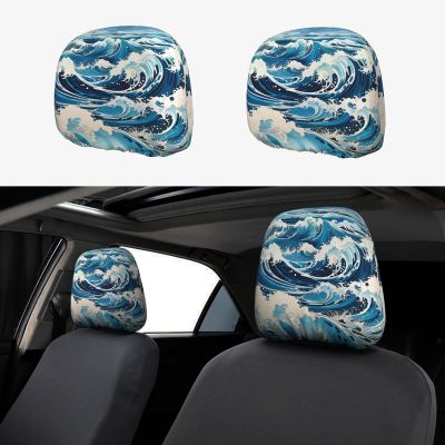 Qwvbn Ukiyo-e style waves Prints Car headrest covers 2-pack, soft and comfortable, good stretchability for cars, trucks and vans