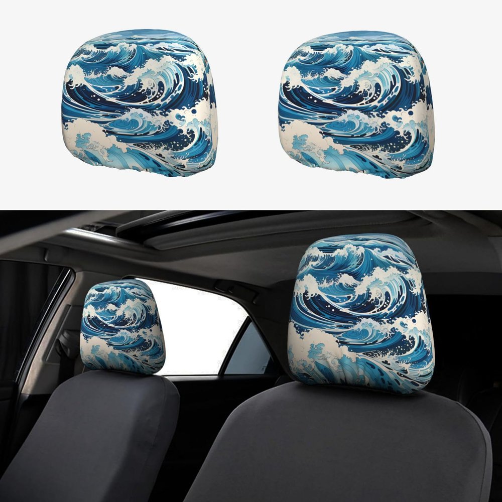 Qwvbn Ukiyo-e style waves Prints Car headrest covers 2-pack, soft and comfortable, good stretchability for cars, trucks and vans
