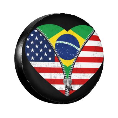 Heart America Flag and Brazil Flag Spare Tire Cover for Rv Trailer Waterproof Dust-Proof Universal Wheel Tire Protectors Fits Tire for Travel Trailer Camper Jeep Truck Car SUV 16 Inch