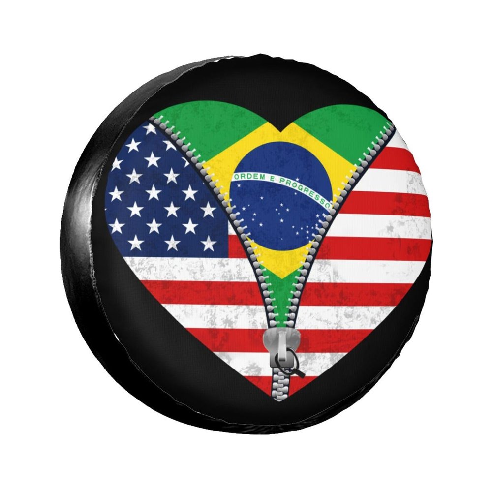 Heart America Flag and Brazil Flag Spare Tire Cover for Rv Trailer Waterproof Dust-Proof Universal Wheel Tire Protectors Fits Tire for Travel Trailer Camper Jeep Truck Car SUV 16 Inch