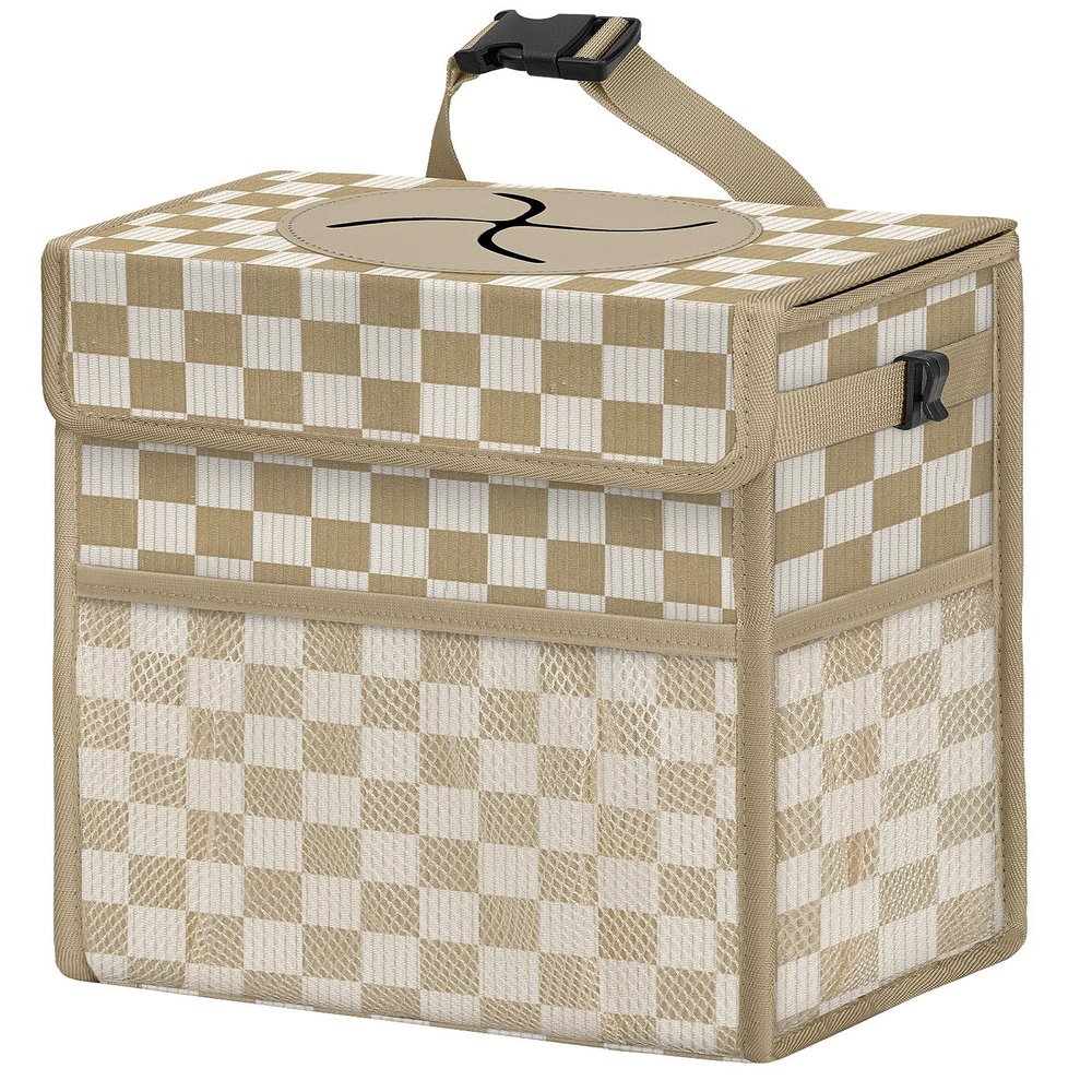 HORJONES Corduroy Car Trash Can with Lid and Mesh Pockets - Leakproof Organizer,Multipurpose Waterproof Garbage Can/Trash Bin for Car(White Base with Khaki-2 Gallons)