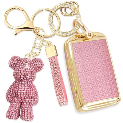 Rayslesan Cute Key Fob Cover with Rhinestone Bear Charm, Bling TPU Smart Key Case for Women, Compatible with Mazda 3 6,CX-30 CX-5 CX-50 CX-60 CX-70 CX-90, MX-5 Miata (Gold Pink)