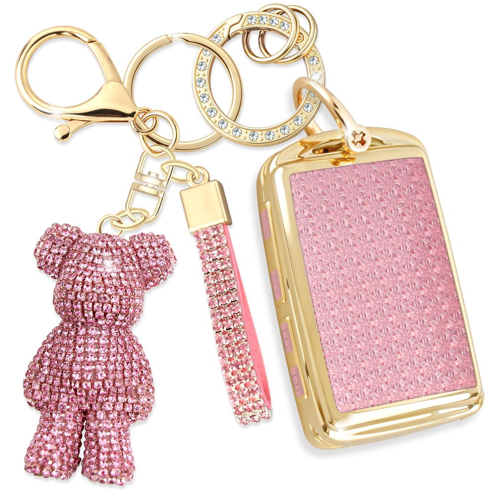 Rayslesan Cute Key Fob Cover with Rhinestone Bear Charm, Bling TPU Smart Key Case for Women, Compatible with Mazda 3 6,CX-30 CX-5 CX-50 CX-60 CX-70 CX-90, MX-5 Miata (Gold Pink)