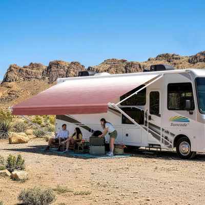 Suncode RV Awning for RV,Camper&Travel TrailersManual RV Awning Complete Kit,Manual Camper Awning,RV Roll Out Awning 13x8Ft White Frame &Burgundy Fade