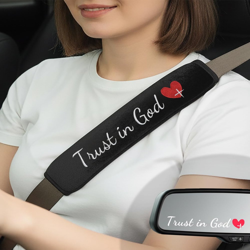 JOYZOUS 2 Pack Car Seat Belt Cover Pad with 3 PCS Trust in God Rearview Mirror Stickers,Soft Seatbelt Cushion Covers, Christian Car Accessories Gifts for Women and Men