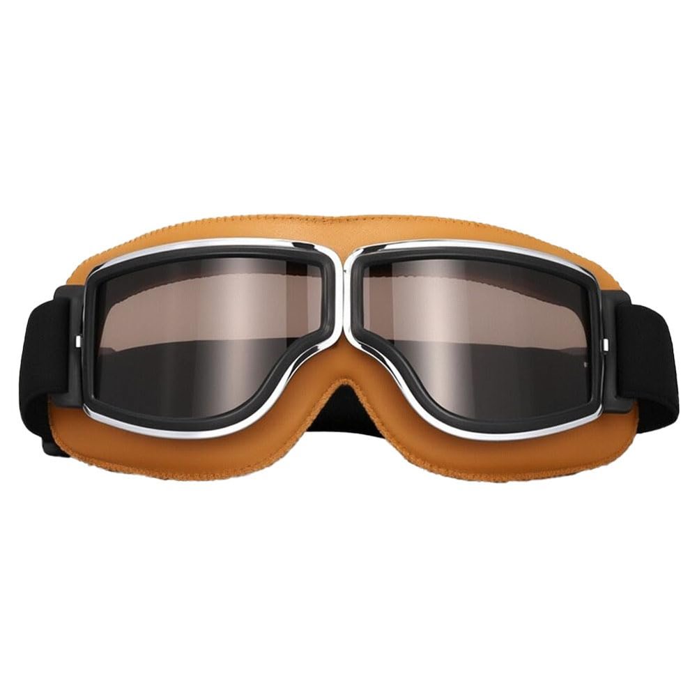 VFRCD Vintage Motorcycle Goggles: Anti-Scratc PC Lens & Soft Leather Frame, Windproof Dustproof Riding Glasses for Men Women (Yellow,Tea flakes)