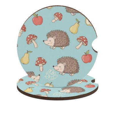 JOJOART 2 Pack Car Cup Holder Coasters Cute Hedgehogs Fruits Mushrooms Universal Fit 2.6 Inch, Decorative Wooden Inserts for Vehicle Interior Accessories Gift for Men Women