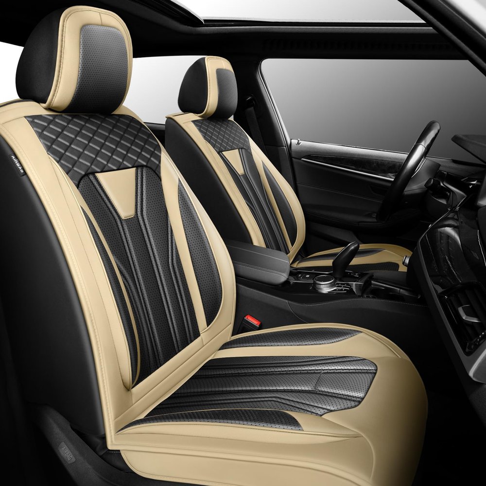 Conjie Fit lmpala Car Seat Covers Compatible with Chevrolet/Chevy lmpala 2014-2019 2020 - Premium Leather Waterproof Breathable All-Weather Seat Cushion Protecto (2 Front Seat Beige&Black)