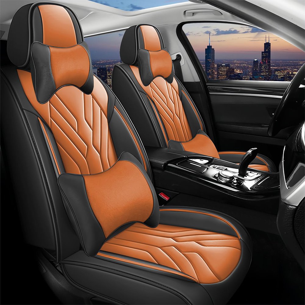 TENDER GLOW Car Seat Covers for Nissan Cube 2009-2014, Waterproof Soft Breathable PU Leather 5-Seats Covers with Storage PocketsFull Set with Pillow,Black Orange